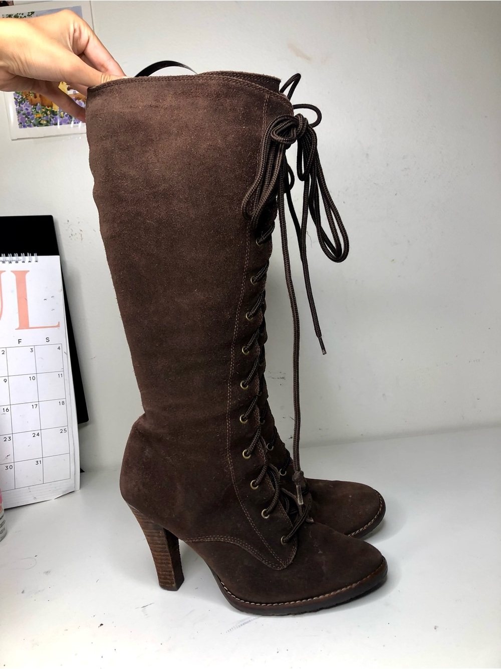 Women's Brown Suede Lace-Up Knee-High Heel Boots